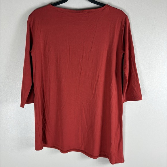 Eileen Fisher Women's XS Red 3/4‎ Sleeve Asymmetric Hem Lagenlook Pullover Top - Picture 2 of 4